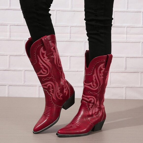 Women's Red  Pointed Toe Chunky Block Heel Cowgirl Mid Calf Western Booties - Picture 3 of 5